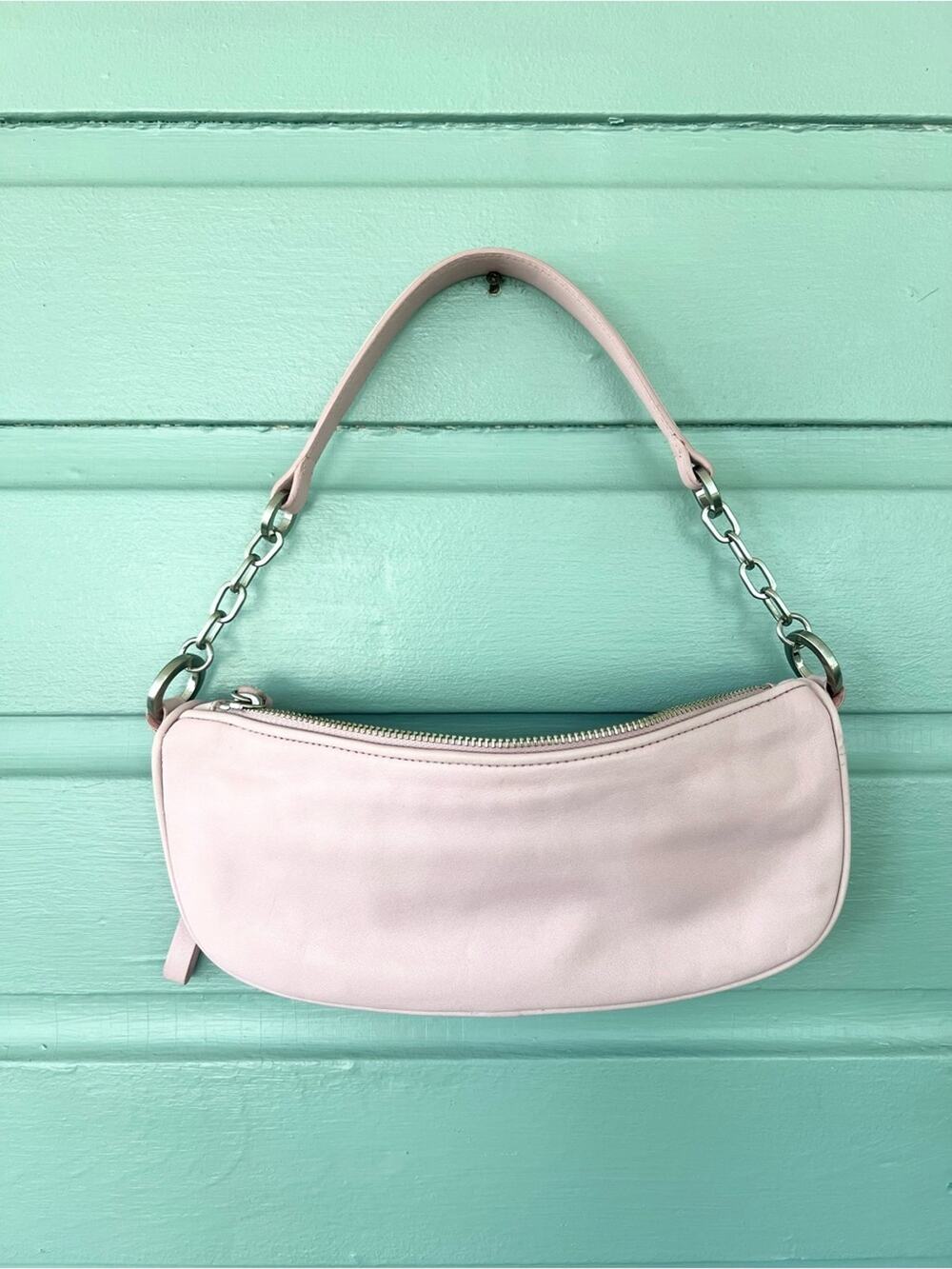 Vintage Y2K pink leather mini bag micro purse shoulder silver chain Paris Hilton
